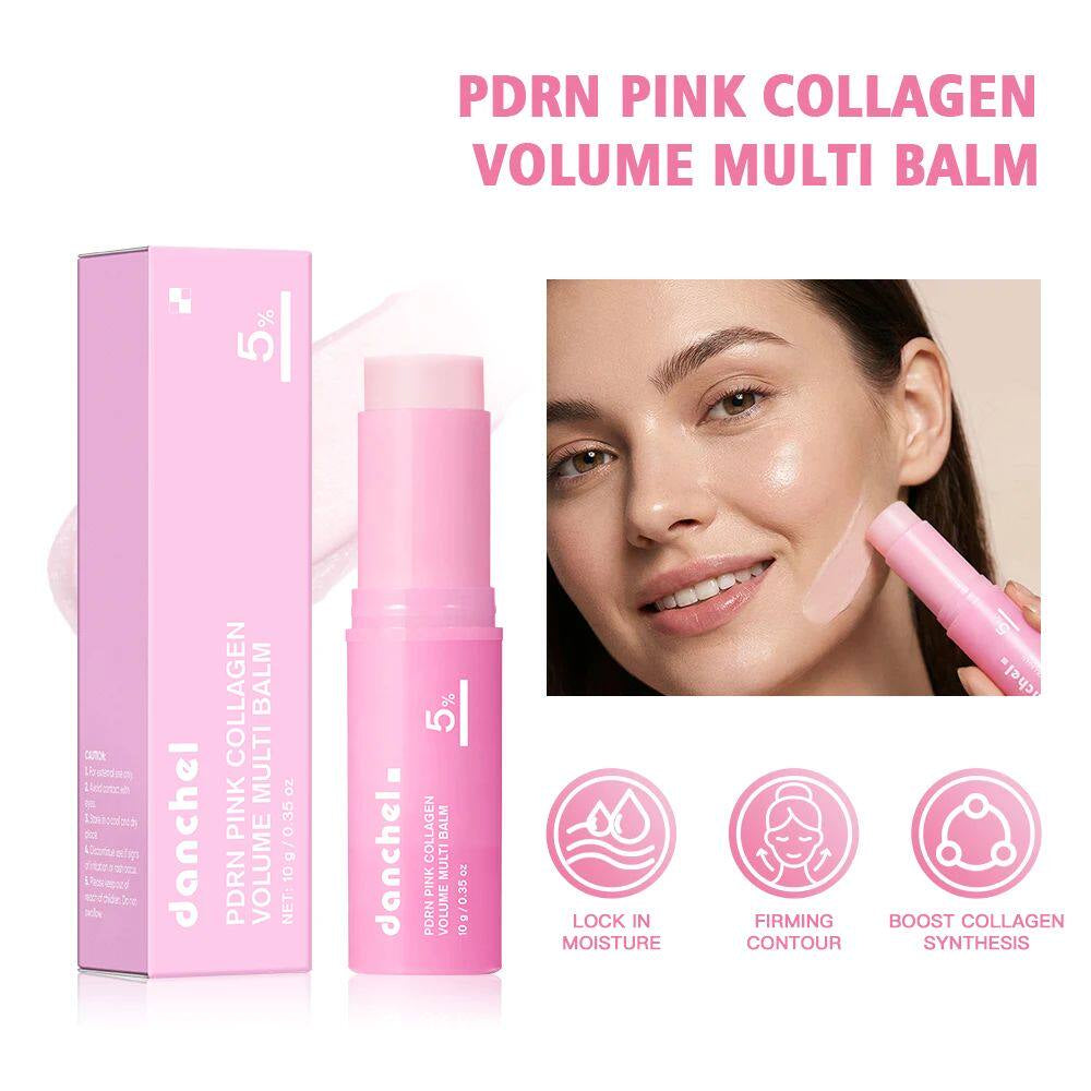 Danchel PDRN Pink Collagen Volume Multi Balm with packaging and benefits displayed.
